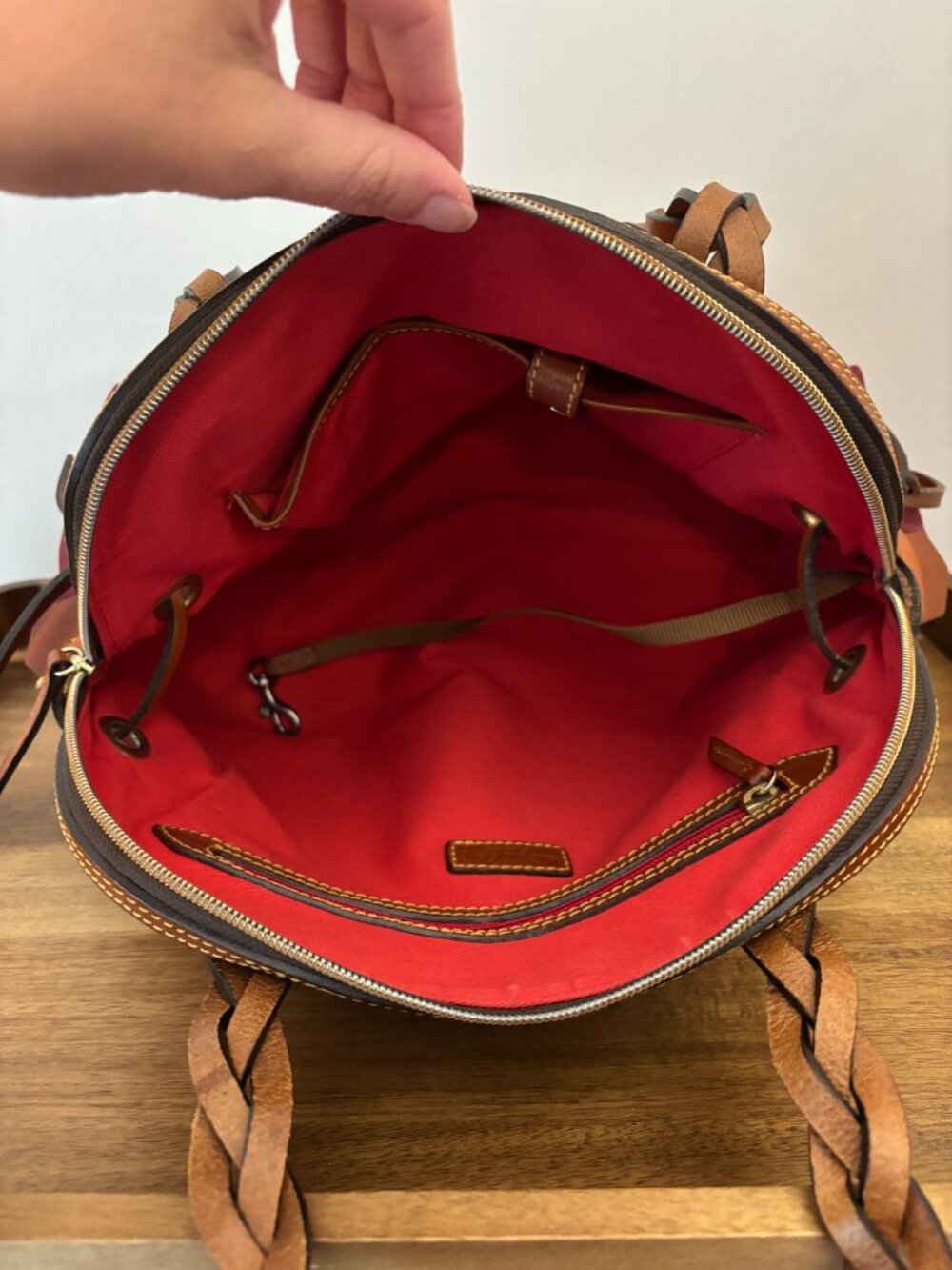 Dooney & Bourke Maroon Burgundy Nylon Brown Leather Large Domed Satchel - Picture 13 of 15